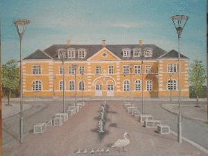Den gamle stationsbygning i Præstø malet af Lisbeth Foli